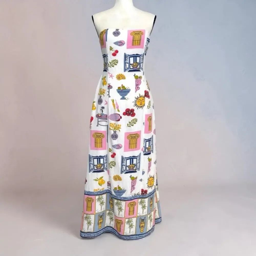 Japna Strapless Maxi Dress XS Mediterranean Greece Coastal Print Linen Blend NWT